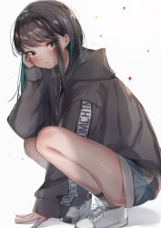 Rule 34 | 1girl, :t, blue shorts, blush, brown eyes, brown hair, brown hoodie, closed mouth, commentary request, drawstring, fishnet socks, fishnets, green hair, grey background, hand up, highres, hood, hood down, hoodie, long sleeves, looking at viewer, mochi nabe, multicolored hair, original, puffy long sleeves, puffy sleeves, shadow, shoes, short shorts, shorts, sidelocks, sleeves past wrists, sneakers, socks, solo, sparkle, squatting, two-tone hair, white footwear