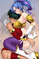 Rule 34 | 2girls, ailish, armor, artist name, ass grab, asymmetrical gloves, bikini armor, blue hair, blush, body markings, boots, breasts, buki (sudeki), choker, closed mouth, commentary, curvy, dark-skinned female, dark green hair, dark skin, earrings, english commentary, facial mark, fingerless gloves, gloves, grabbing another&#039;s ass, green eyes, green hair, groping, hair ribbon, high ponytail, hug, jewelry, knee boots, large breasts, lindaroze, looking at viewer, multiple girls, open mouth, pink eyes, pointy ears, purple legwear, purple ribbon, revealing clothes, ribbon, short hair, slit pupils, smile, sudeki, thighhighs, thighhighs under boots, uneven gloves, vambraces, whisker markings, white footwear, yuri