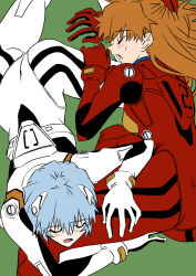 Rule 34 | 2girls, absurdres, ass, ass focus, ayanami rei, blue hair, bodysuit, brown hair, closed eyes, curvy, defeat, embarrassed, expressionless, eywy4324, feet out of frame, grabbing another&#039;s ass, green background, hair ornament, highres, legs apart, long hair, lying, lying on person, multiple girls, neon genesis evangelion, open mouth, pilot suit, plugsuit, red bodysuit, sexually suggestive, short hair, skin tight, skindentation, souryuu asuka langley, spread legs, sweat, take your pick, two side up, very long hair, white bodysuit, wide spread legs