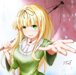Rule 34 | 1girl, alternate costume, baileys (tranquillity650), black ribbon, blonde hair, blush, breasts, collarbone, dress, gem, green dress, green eyes, hair ornament, hair ribbon, highres, holding, holding umbrella, jewelry, kantai collection, long hair, looking at viewer, medium breasts, necklace, open mouth, pendant, rain, reaching, reaching towards viewer, red gemstone, ribbon, signature, smile, solo, straight hair, umbrella, wide sleeves, yuudachi (kancolle)