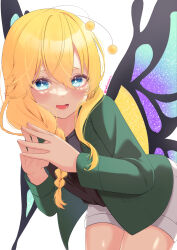 Rule 34 | + +, 1girl, antennae, blonde hair, blue eyes, blush, braid, butterfly girl, butterfly wings, cowboy shot, highres, ichiki toki, insect wings, jacket, leaning forward, long hair, long sleeves, open mouth, original, own hands together, shorts, smile, solo, wings