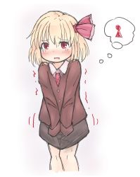 Rule 34 | 1girl, black skirt, blonde hair, blush, cargo085, child, embarrassed, hair ornament, hair ribbon, have to pee, highres, jacket, long sleeves, looking at viewer, necktie, open mouth, own hands together, red eyes, red jacket, red necktie, red ribbon, ribbon, rumia, shirt, short hair, simple background, skirt, sleeves past wrists, solo, tears, thought bubble, toilet symbol, touhou, trembling, v arms, white background, white shirt