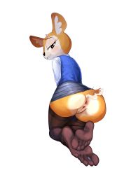Rule 34 | 1girl, :3, absurdres, aggressive retsuko, animal ears, animal nose, anus, ass, black thighhighs, blush stickers, cleft of venus, closed mouth, eyelashes, feet, female focus, full body, furry, furry female, half-closed eyes, highres, horns, long sleeves, looking at viewer, no panties, office lady, orange fur, pencil skirt, presenting, pussy, shirt, simple background, skirt, snout, soles, sparkling eyes, tail, thighhighs, thighs, toes, tsunoda (aggretsuko), two-tone fur, white background, white shirt, xu53r
