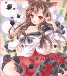 Rule 34 | 1girl, animal ears, bad id, bad pixiv id, bamboo, bamboo forest, blush, border, breasts, brooch, brown hair, cleavage, collarbone, colored pencil (medium), dress, fingernails, forest, imaizumi kagerou, jewelry, large breasts, long hair, long sleeves, looking at viewer, marker (medium), nature, off-shoulder dress, off shoulder, open mouth, potto, potto (minntochan), red eyes, sample watermark, solo, touhou, traditional media, watermark, wolf ears