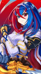 Rule 34 | 1girl, absurdres, alear (female) (fire emblem), alear (fire emblem), armor, blue eyes, blue hair, blush, breasts, clenched hand, crossed bangs, fire emblem, fire emblem engage, gloves, heterochromia, highres, holding, holding sword, holding weapon, jewelry, liberation (fire emblem), long hair, looking at viewer, medium breasts, multicolored hair, nintendo, red eyes, red hair, rooru kyaabetsu, smile, solo, split-color hair, sword, tiara, two-tone hair, very long hair, weapon