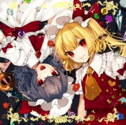 Rule 34 | 2girls, :d, absurdres, ascot, bad id, bad twitter id, bat wings, black background, blonde hair, blue flower, blue hair, blush, brooch, commentary request, cowboy shot, crystal, daimaou ruaeru, dress, eyes visible through hair, fangs, flandre scarlet, flower, frilled shirt collar, frills, hair between eyes, hat, hat ribbon, highres, jewelry, lips, looking at viewer, mob cap, multiple girls, open mouth, pansy, puffy short sleeves, puffy sleeves, purple flower, red ascot, red eyes, red flower, red ribbon, red sash, red skirt, red vest, remilia scarlet, ribbon, sash, short sleeves, siblings, simple background, sisters, skirt, skirt set, slit pupils, smile, sparkle, touhou, upside-down, vest, white background, white dress, white hat, wings, yellow ascot, yellow flower, yellow pansy
