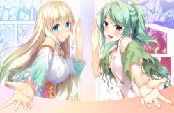 2girls blonde_hair blush brown_eyes detached_sleeves green_hair harem_ja_nai_yo_kingdom highres kitaooji_karen long_hair looking_at_viewer making_lovers multiple_girls official_art ponytail reaching reaching_towards_viewer shirt sidelocks smile sophia_(harem_ja_nai_yo_kingdom) taniyama-san white_shirt