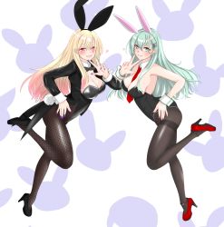 Rule 34 | 2girls, animal ears, between breasts, black coat, black footwear, black legwear, black leotard, blonde hair, bow, bowtie, breasts, cleavage, coat, coattails, commentary request, crossover, detached collar, fishnet legwear, fishnets, full body, gradient hair, green eyes, green hair, hair ornament, hairclip, high heels, highres, kantai collection, kitagawa marin, large breasts, leotard, multicolored hair, multiple girls, nail polish, necktie, nitamako (sakamalh), pantyhose, playboy bunny, rabbit ears, rabbit tail, red eyes, red footwear, red hair, red necktie, sono bisque doll wa koi wo suru, suzuya (kancolle), tail, tailcoat, thighband pantyhose, wrist cuffs