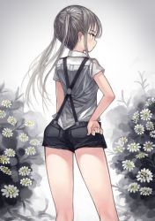 Rule 34 | 1girl, back, grey hair, hand on own hip, highres, kaneni, long hair, original, shorts, solo, suspenders, twintails