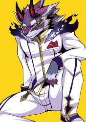 Rule 34 | 1boy, animal ears, bael (housamo), black sclera, breast pocket, colored sclera, furry, furry male, glasses, grey fur, handkerchief, highres, holding, horns, long sleeves, looking at viewer, male focus, mouhu (bearlovestiger13), multicolored fur, parted lips, pocket, purple fur, red eyes, school uniform, simple background, sitting, solo, tokyo houkago summoners, white fur, yellow background