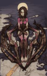 Rule 34 | 1girl, barefoot, closed mouth, crossed arms, freckles, halo, highres, legs together, looking at viewer, low wings, monster girl, mossacannibalis, sarah kerrigan, sitting, solo, starcraft, toenails, toes, wings, yellow eyes