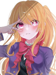 Rule 34 | 1girl, black sweater vest, blonde hair, blue jacket, blush, bow, bowtie, breasts, collared shirt, commentary request, cropped jacket, hair between eyes, highres, hoshino ruby, inkitya, jacket, light particles, long hair, long sleeves, looking at viewer, mismatched pupils, one side up, open clothes, open jacket, oshi no ko, parted lips, pink bow, pink bowtie, pink eyes, school uniform, shade, shirt, sidelocks, signature, simple background, small breasts, solo, sparkle, sparkling eyes, star-shaped pupils, star (symbol), sweater vest, symbol-shaped pupils, upper body, v over eye, white background, white shirt, youtou high school uniform
