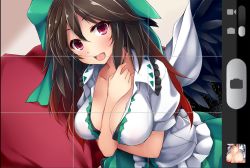 Rule 34 | 1girl, :d, between breasts, bird wings, black wings, bow, breasts, brown hair, cape, cleavage, dd mayohara, feathered wings, hair bow, heart, large breasts, looking at viewer, open mouth, red eyes, reiuji utsuho, short sleeves, smile, solo, touhou, viewfinder, wings