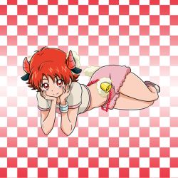 Rule 34 | 1girl, animal ears, bell, checkered background, closed mouth, crop top, full body, grey shirt, head rest, horns, looking at viewer, lying, midriff, natsuki rin, navel, nita (onakatohoppe), on side, pink shorts, precure, red eyes, red hair, shirt, short hair, short shorts, short sleeves, shorts, smile, solo, stomach, yes! precure 5