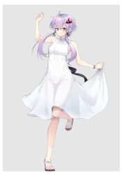 Rule 34 | 1girl, ahoge, arm up, bare arms, bare shoulders, black ribbon, commentary, dress, full body, grey background, hair ornament, hand up, highres, leg up, purple eyes, purple hair, ribbon, short hair with long locks, sidelocks, simple background, skirt hold, smile, solo, standing, standing on one leg, toes, vocaloid, voiceroid, watch, white dress, wristwatch, yuzuki yukari, zooanime
