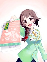 Rule 34 | 10s, 1girl, blush, braid, brown eyes, brown hair, hair over shoulder, idolmaster, idolmaster cinderella girls, long hair, looking at viewer, mistrail, necktie, open mouth, outstretched arm, senkawa chihiro, single braid, skirt, smile, solo, ticket, tickets
