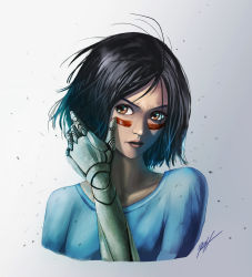 Rule 34 | 1girl, alita: battle angel, black hair, brown eyes, commentary request, cyborg, facial mark, alita, battle angel alita, highres, ranh, serious, short hair, signature, simple background, solo, white background