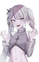 Rule 34 | 1girl, :d, bare shoulders, blue eyes, can zhu, crop top, crop top overhang, detached sleeves, earrings, grey shirt, hair ornament, hands up, highres, indie virtual youtuber, jewelry, long hair, long sleeves, looking at viewer, midriff, natsume ally, navel, open mouth, shirt, simple background, smile, solo, stomach, tongue, tongue out, twintails, upper body, virtual youtuber, white background, white hair