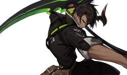 Rule 34 | 1boy, aragami oga, belt pouch, black hair, black shirt, clenched teeth, dark-skinned male, dark skin, from side, furrowed brow, green eyes, highres, holding, holding scythe, holostars, horns, looking at viewer, looking to the side, male focus, pouch, saku (sakudeji), scythe, serious, sharp teeth, shirt, short hair, simple background, single horn, sleeves rolled up, solo, swept bangs, teeth, upper body, veins, virtual youtuber, white background