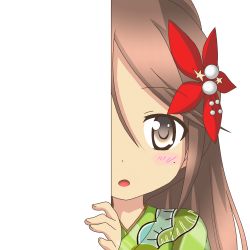 Rule 34 | 10s, 1girl, amagi (kancolle), brown eyes, brown hair, hair ornament, kantai collection, long hair, looking at viewer, mole, mole under eye, nagineko, open mouth, peeking out, solo, transparent background