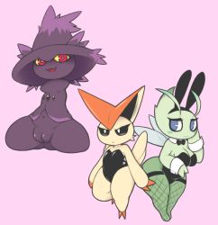 Rule 34 | 3girls, aintsmart, animal ears, antennae, black bow, black legwear, black leotard, black sclera, blue eyes, blush, bow, bowtie, breasts, celebi, cleavage, colored sclera, creatures (company), detached collar, fairy wings, fake animal ears, female focus, fishnet legwear, fishnets, full body, furry, furry female, game freak, gen 2 pokemon, gen 4 pokemon, gen 5 pokemon, half-closed eyes, hand up, large breasts, leg lift, legendary pokemon, leotard, looking at viewer, looking to the side, mismagius, multiple girls, mythical pokemon, navel, nintendo, no arms, no legs, open mouth, personification, pink background, playboy bunny, pokemon, pokemon (creature), pokemon bw, pokemon dppt, pokemon gsc, pussy, rabbit ears, red eyes, simple background, sitting, smile, standing, thighhighs, uncensored, victini, white eyes, wide hips, wings, wrist cuffs, yellow sclera