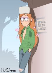 Rule 34 | 1girl, against wall, armpit stains, armpit sweat, arrow (symbol), artist name, blush, bomber hat, breasts, brown hair, brown hat, collared shirt, commentary request, cowboy shot, denim, earrings, facing viewer, flannel, flannel shirt, freckles, fur hat, gravity falls, green shirt, hands in pockets, hat, heart, jeans, jewelry, kakugari kyoudai, leaning back, long hair, looking at viewer, no bra, orange hair, outdoors, pants, pussy juice stain, ripped jeans, shirt, sign, sketch, small breasts, solo, sweat, sweat stain, sweaty clothes, tagme, tree, wendy corduroy, wet crotch