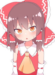 Rule 34 | 1girl, ascot, bare shoulders, blush, bow, brown hair, collar, collared shirt, detached sleeves, frilled bow, frilled hair tubes, frills, hair bow, hair tubes, hakurei reimu, highres, japanese clothes, large bow, looking at viewer, medium hair, miko, nervous, nihohohi, nontraditional miko, open mouth, orange eyes, red bow, red shirt, red skirt, ribbon-trimmed sleeves, ribbon trim, shirt, sidelocks, simple background, skirt, skirt set, sleeveless, solo, sweat, touhou, white background, white collar, yellow ascot