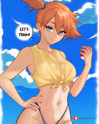Rule 34 | 1girl, abs, asymmetrical hair, blue eyes, breasts, cloud, creatures (company), datli64, female focus, game freak, gen 1 pokemon, gym leader, hair tie, highres, holding, holding poke ball, legs, looking at viewer, medium breasts, misty (pokemon), muscular, navel, nintendo, orange hair, poke ball, pokemon, pokemon (anime), pokemon (classic anime), ponytail, shirt, short ponytail, side ponytail, sky, sleeveless, sleeveless shirt, solo, thong, wet, yellow shirt