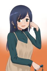 Rule 34 | 1girl, alternate hairstyle, blue eyes, blue hair, blue sweater, blush, breasts, brown dress, dress, earrings, gouta (nagishiro6624), gradient background, highres, holding, jewelry, kantai collection, long hair, long sleeves, open mouth, simple background, solo, souryuu (kancolle), sweater, turtleneck, turtleneck sweater, upper body