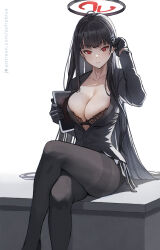 Rule 34 | 1girl, adjusting hair, black bra, black footwear, black hair, black jacket, black pantyhose, black skirt, blue archive, blunt bangs, bra, breasts, bright pupils, cleavage, closed mouth, collarbone, crossed legs, desk, hair ornament, hairclip, halo, high heels, highres, holding, holding tablet pc, jacket, large breasts, long hair, long sleeves, looking at viewer, miniskirt, on desk, pantyhose, partially unbuttoned, patreon username, red eyes, rio (blue archive), simple background, sitting, skirt, solo, tablet pc, thighband pantyhose, underwear, white background, zefrableu