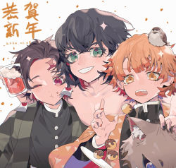 Rule 34 | 3boys, absurdres, agatsuma zenitsu, animal, animal on head, bird, bird on head, black hair, black jacket, black nails, brown hair, chinese commentary, closed mouth, collarbone, commentary request, cup, dated, drink, drinking glass, earrings, food, food on face, gakuran, green eyes, grin, haori, hashibira inosuke, highres, holding, holding drink, jacket, japanese clothes, jewelry, kamado nezuko, kamado tanjirou, kimetsu no yaiba, long sleeves, looking at viewer, male focus, multiple boys, nail polish, on head, one eye closed, open mouth, orange eyes, orange hair, orange nails, pink eyes, scar, scar on face, scar on forehead, school uniform, short hair, simple background, smile, sparkle, taowu (20809), tearing up, teeth, topless male, upper body, upper teeth only, white background