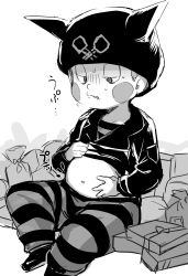 Rule 34 | 1boy, blush, blush stickers, clothes lift, danganronpa (series), danganronpa v3: killing harmony, grey background, greyscale, half-closed eyes, hat, highres, hoshi ryoma, looking down, male focus, monochrome, navel, pants, parted lips, shirt lift, shoes, sitting, solo, stomach, striped clothes, striped legwear, striped pants, suurin (ksyaro), sweat, translation request