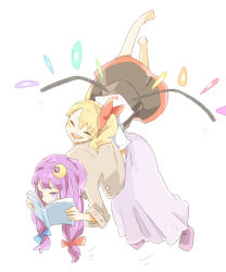 Rule 34 | 2girls, alternate costume, barefoot, black skirt, blonde hair, blue bow, book, bow, carrying, commentary request, crescent, crescent hair ornament, closed eyes, flandre scarlet, flying, hair bow, hair ornament, holding, holding book, long hair, multiple girls, open mouth, patchouli knowledge, purple eyes, purple footwear, purple hair, purple skirt, red bow, shirt, side ponytail, simple background, skirt, smile, touhou, white background, white shirt, wings, ziro (daydozen)