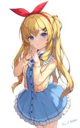 Rule 34 | 1girl, absurdres, aoria, blonde hair, blue dress, blue eyes, closed mouth, dress, hair ornament, hairband, hairclip, highres, long hair, long sleeves, looking at viewer, original, red hairband, simple background, smile, solo, sweater, twintails, white background, yellow sweater