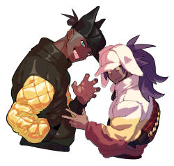 Rule 34 | 2boys, alternate costume, black headwear, bright pupils, closed mouth, commentary request, creatures (company), dark-skinned male, dark skin, earrings, from side, fur hat, fur jacket, game freak, grin, hand in pocket, hat, highres, jacket, jewelry, korean commentary, leon (pokemon), long hair, long sleeves, looking at viewer, male focus, multiple boys, nintendo, pokemon, pokemon swsh, purple hair, raihan (pokemon), redlhzz, short hair, simple background, smile, teeth, white background, white pupils, yellow eyes
