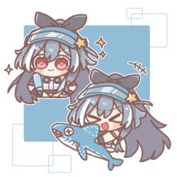 Rule 34 | &gt; &lt;, 1girl, :d, chibi, closed eyes, fu hua, fu hua (herrscher of sentience), grey hair, holding, holding toy, honkai (series), honkai impact 3rd, inflatable toy, long hair, looking at viewer, multicolored hair, multiple views, official alternate costume, open mouth, oshiyake, smile, sparkle, streaked hair, toy, very long hair