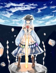 Rule 34 | 1girl, black hat, blouse, blue dress, blue hair, bow, bowtie, brown footwear, buttons, cross-laced footwear, dole (artist), dress, dress shirt, earth (planet), food, frills, fruit, hat, highres, hinanawi tenshi, keystone, long hair, neck ribbon, peach, planet, puffy short sleeves, puffy sleeves, rainbow gradient, rainbow order, red bow, red eyes, ribbon, shirt, shoes, short sleeves, solo, space, star (sky), sword of hisou, touhou, v arms, white shirt, wing collar