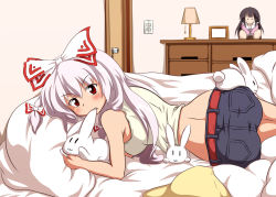 Rule 34 | &gt;:(, 1girl, :3, :t, alternate costume, ass, bed, bedroom, belt, biting, blush, bow, breasts, casual, character doll, contemporary, ear biting, female focus, from behind, frown, fujiwara no mokou, hair bow, hanging breasts, houraisan kaguya, indoors, lamp, long hair, looking at viewer, looking back, lying, midriff, on bed, on side, pillow, rabbit, red eyes, shorts, solo, straight hair, sumikaze midi, touhou, v-shaped eyebrows, white hair