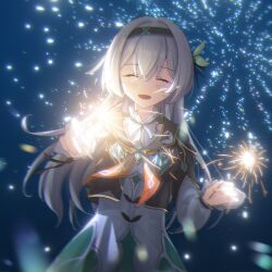 Rule 34 | 1girl, black capelet, black hairband, blush, capelet, chinese commentary, closed eyes, commentary request, dress, firefly (honkai: star rail), fireworks, flower, green dress, hair flower, hair ornament, hairband, highres, holding, holding fireworks, honkai: star rail, honkai (series), kokage (chenff), long sleeves, motion blur, multicolored clothes, multicolored dress, open mouth, smile, solo, sparkler, upper body, white dress, white hair