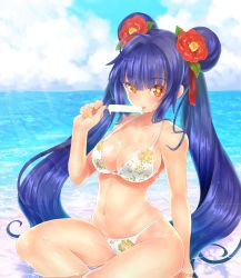 Rule 34 | 1girl, bikini, blue hair, blush, breasts, cleavage, curvy, double bun, food, hair ornament, highres, katoma, kneeling, large breasts, long hair, looking at viewer, navel, orange eyes, popsicle, sitting, solo, sound voltex, swimsuit, tsubaki (sound voltex), twintails, very long hair, wide hips