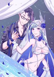 Rule 34 | 1boy, 1girl, absurdres, bikini, black-framed eyewear, blue eyes, blue flower, blue hair, blue rose, blush, breasts, brynhildr (fate), brynhildr (swimsuit berserker) (fate), brynhildr (swimsuit berserker) (third ascension) (fate), closed mouth, colored inner hair, couple, cowboy shot, cross-laced bikini, cross-laced clothes, curtains, echoyan20038, fate/grand order, fate (series), flower, glasses, hetero, highres, holding hands, large breasts, long hair, looking at another, multicolored hair, navel, open mouth, purple eyes, purple hair, purple shirt, rose, scar, semi-rimless eyewear, shiny skin, shirt, sigurd (fate), sigurd (memories with my lover) (fate), smile, swimsuit, two-tone hair, veil, white bikini, white hair, wrist cuffs