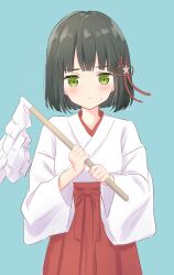 Rule 34 | 1girl, absurdres, alternate costume, blue background, blunt bangs, blunt ends, blush, flower, frown, gohei, green eyes, green hair, hair flower, hair ornament, hakama, hakama skirt, hands up, hashtag-only commentary, highres, japanese clothes, kosode, link! like! love live!, long sleeves, looking at viewer, love live!, miko, momose ginko, red hakama, red skirt, short hair, simple background, skirt, solo, sweatdrop, upper body, virtual youtuber, wide sleeves, yutuki ame