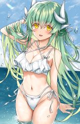 Rule 34 | 1girl, bare arms, bare shoulders, bikini, blush, breasts, cleavage, cowboy shot, dragon horns, fate/grand order, fate (series), green hair, highres, horns, in water, kiyohime (fate), kiyohime (fate/grand order), kiyohime (swimsuit lancer) (fate), large breasts, long hair, looking at viewer, morizono shiki, navel, outdoors, parted lips, smile, solo, standing, swimsuit, thighs, wading, water, wet, white bikini, yellow eyes
