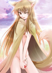 Rule 34 | 00s, 1girl, ;p, animal ears, apple, brown hair, cape, food, fruit, holo, long hair, naked cape, nude, one eye closed, red eyes, shiroi noria, solo, spice and wolf, tail, tongue, tongue out, wink, wolf ears, wolf tail