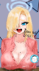 Rule 34 | asuna (blue archive), blonde hair, blue archive, blue eyes, breast rest, breasts, breasts on table, eddarxart, english text, halo, highres, large breasts, mole, mole on breast, one eye covered, open clothes, open mouth, open shirt, red shirt, sensei (blue archive), shirt, talking, unbuttoned, unbuttoned shirt