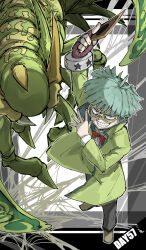 Rule 34 | 1boy, black pants, blue eyes, blue hair, bow, bowtie, card, coat, duel monster, fingerless gloves, gloves, green coat, grin, highres, holding, holding card, insector haga, kankan33333, long sleeves, looking at viewer, male focus, pants, perfectly ultimate great moth, red bow, red bowtie, red gloves, sanpaku, shoes, short hair, single glove, smile, solo, standing, yu-gi-oh!