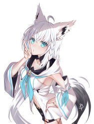 Rule 34 | 1girl, absurdres, ahoge, animal ear fluff, animal ears, black shorts, blue eyes, blue neckerchief, blue ribbon, braid, breasts, commentary request, detached sleeves, earrings, fox ears, fox girl, fox tail, hair between eyes, hand on own cheek, hand on own face, hand on own hip, highres, hololive, hood, hoodie, jewelry, key, long hair, long sleeves, looking at viewer, midriff, navel, neckerchief, o3o, pentagram, ribbon, shirakami fubuki, shirakami fubuki (1st costume), short shorts, shorts, side braid, sidelocks, simple background, single earring, solo, ta shiuji30, tail, v, virtual youtuber, white background, white hair, white hoodie, white sleeves, wide sleeves