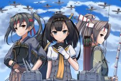 Rule 34 | 10s, 3girls, aircraft, airplane, akizuki (kancolle), black hair, blue eyes, blue sky, blunt bangs, bow (weapon), brown eyes, brown hair, brown skirt, chou-10cm-hou-chan, clenched hand, corset, day, gloves, grey hair, hachimaki, hakama, hakama short skirt, hakama skirt, headband, high ponytail, japanese clothes, kantai collection, looking at viewer, multicolored clothes, multicolored gloves, multiple girls, muneate, neckerchief, partially fingerless gloves, partly fingerless gloves, pleated skirt, quiver, sailor collar, school uniform, serafuku, skirt, sky, smile, twintails, weapon, yakob labo, yugake, zuihou (kancolle), zuikaku (kancolle)