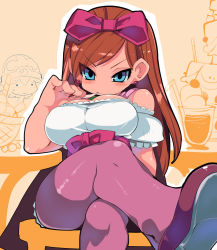 Rule 34 | 1boy, 1girl, alternate breast size, bare shoulders, blue eyes, bow, breasts, cape, cleavage, crossed legs, dragon quest, dragon quest x, earrings, eating, eyes visible through hair, food, hair bow, hairband, highres, jewelry, large breasts, long hair, looking at another, orange hair, pantyhose, pink cape, purple pantyhose, rizerotta (dq10), sash, sitting, solo focus, tsurime, zankuro