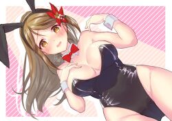 Rule 34 | 1girl, alto2019, amagi (kancolle), animal ears, black leotard, bow, bowtie, breasts, brown eyes, brown hair, covered navel, detached collar, dutch angle, fake animal ears, flower, gluteal fold, hair flower, hair ornament, highres, kantai collection, large breasts, leaf hair ornament, leotard, long hair, looking at viewer, mole, mole under eye, open mouth, pink background, playboy bunny, rabbit ears, red background, strapless, strapless leotard, traditional bowtie, wide ponytail, wrist cuffs